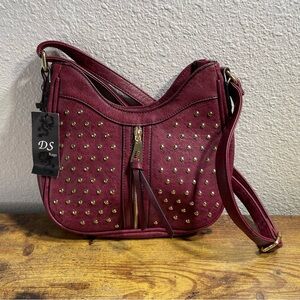 NWT DS Bags Burgundy Studded Hobo Shoulder Bag Crossbody Maroon Gold Studs Boho